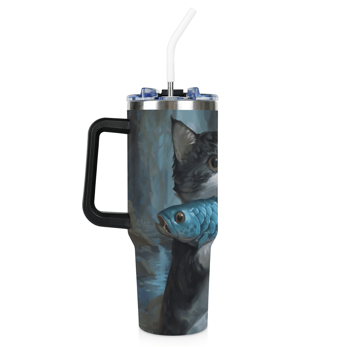 ADECORIVY Cat Catching Fish 40 oz Tumbler with Flip Cap Lid, Stainless ...