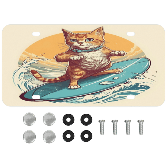 ADECORIVY Cat Surfing Skateboard License Plate, Aluminum Decorative Novelty Vanity Tag with 4 Holes, Front Plate for Men Women Car Tag Accessories, 6 x 12 inch