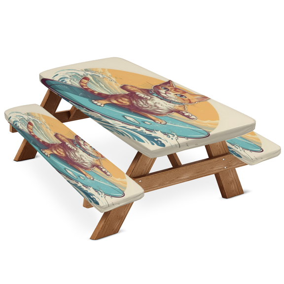 ADECORIVY Cat Surfing Skateboard Picnic Table Cover with Bench Covers, Waterproof Camping Table Cover with Elastic Edges, Fitted Tablecloth for Rectangle Tables, Outdoor Essentials 72 Inch