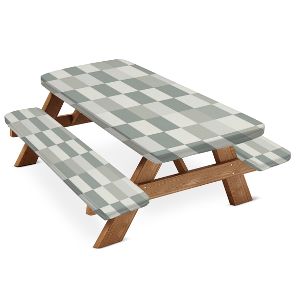 ADECORIVY Checkerboard Picnic Table Cover with Bench Covers, Waterproof Brown Green Outdoor Camping Tablecloth, Windproof Elastic Fitted Table Cover, 72 Inch 3PCS