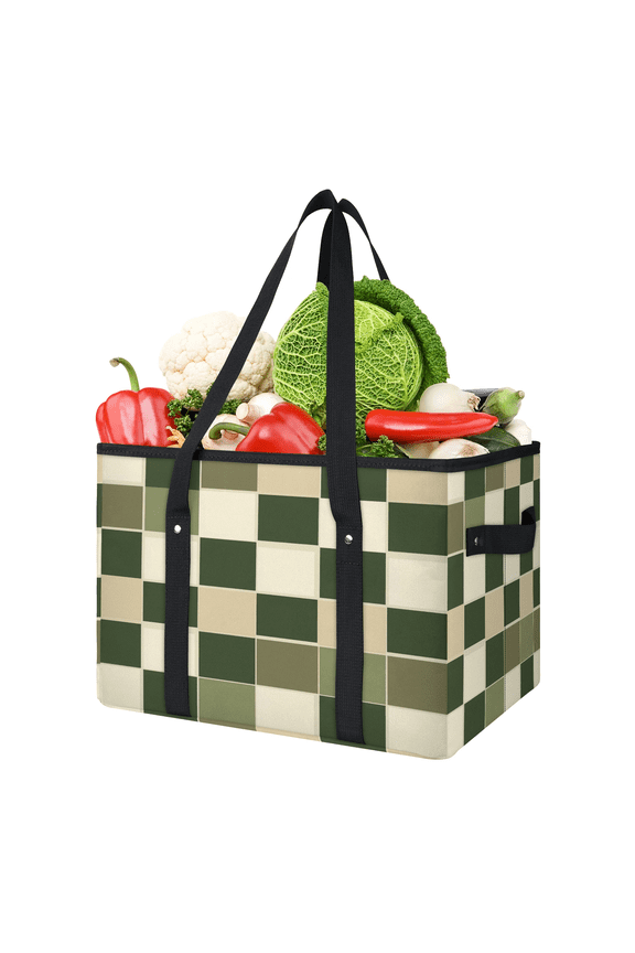 Checkerboard Reusable Grocery Bags, Foldable Reusable Shopping Bags, Dark Green Collapsible Tote Bag with Reinforced Handles for Kitchen, Picnic