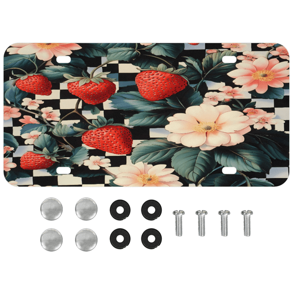 ADECORIVY Checkerboard Strawberry Flowers License Plate, Aluminum Decorative Novelty Vanity Tag with 4 Holes, Front Plate for Men Women Car Tag Accessories, 6 x 12 inch