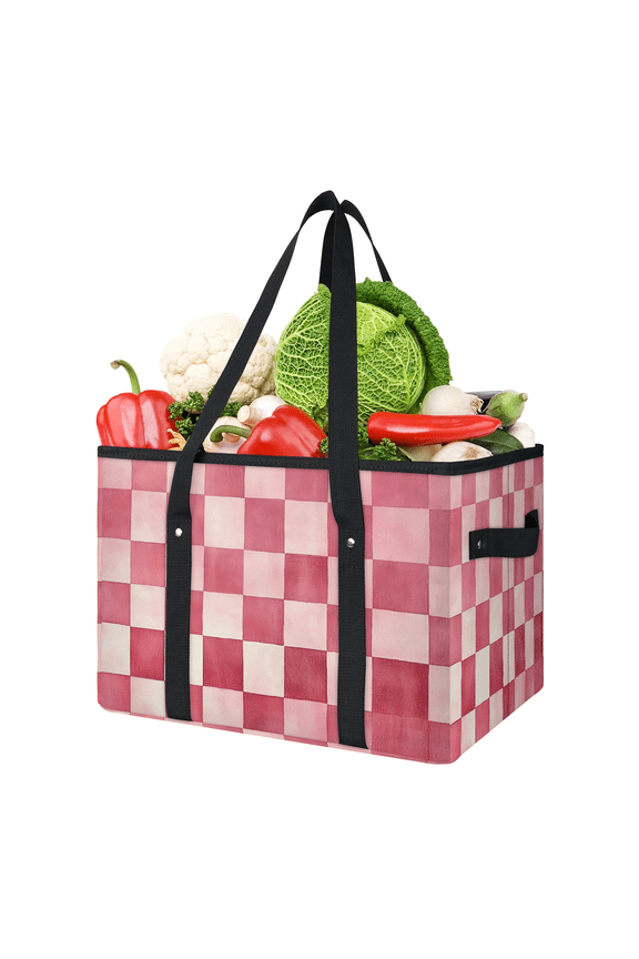 Checkered Reusable Grocery Bags, Foldable Reusable Shopping Bags, Pink Plaid Collapsible Tote Bag with Reinforced Handles for Kitchen, Picnic
