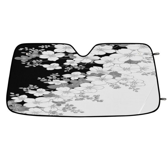 ADECORIVY Cherry Blossoms Windshield Sun Shade Car Sunshade for Front Window White Black Flower Foldable Sun Shield Protector Blocks UV Rays for Car Truck SUV 55 x 27 in