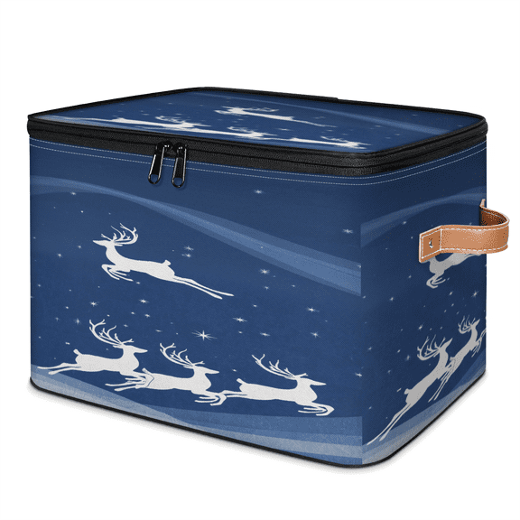 ADECORIVY Christmas Reindeer Storage Bin with Lid Fabric Winter Deer Elk Foldable Storage Baskets Boxes for Clothes Shelves Closet Organizer Containers with Leather Handles for Wardrobe