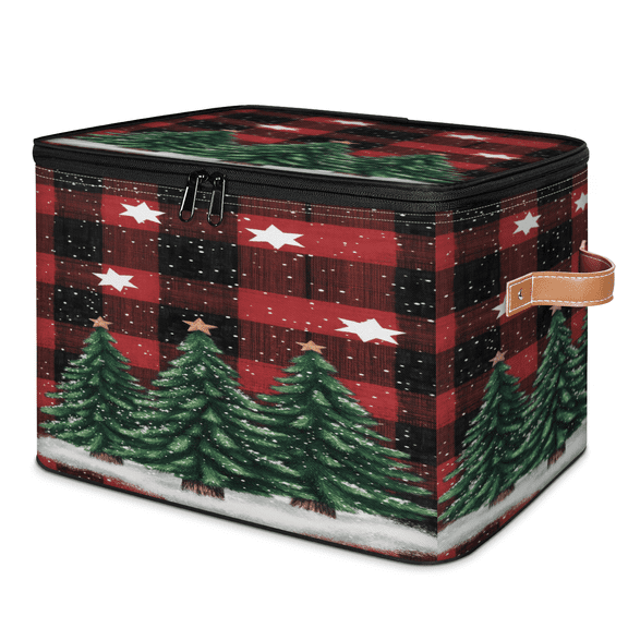 ADECORIVY Christmas Trees Stars Storage Bin with Lid Fabric Buffalo Plaid Foldable Storage Baskets Boxes for Clothes Shelves Closet Organizer Containers with Leather Handles for Wardrobe
