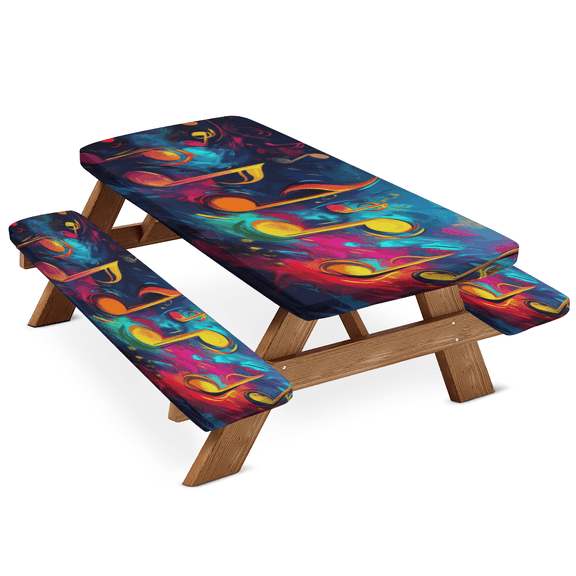 ADECORIVY Colorful Abstract Music Notes Picnic Table Cover with Bench Covers, Waterproof Outdoor Camping Tablecloth, Windproof Elastic Fitted Table Cover, 72 Inch 3PCS