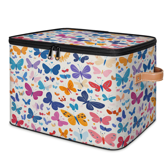 ADECORIVY Colorful Butterfly Storage Bin with Lid Fabric Spring Butterflies Foldable Storage Baskets Boxes for Clothes Shelves Closet Organizer Containers with Leather Handles for Wardrobe