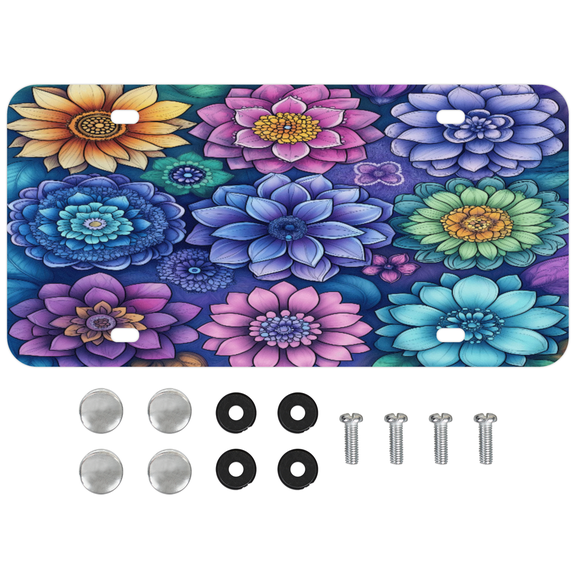ADECORIVY Colorful Floral Mandala Front License Plate, Boho Flowers Novelty Vanity Tag Aluminum License Plate with 4 Holes, Metal Car Accessory for Men Women, 6 x 12 Inch
