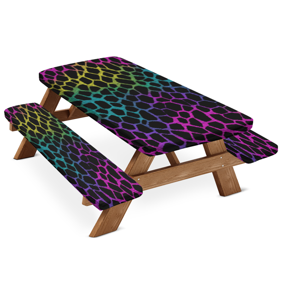 ADECORIVY Colorful Leopard Print Picnic Table Cover with Bench Covers, Waterproof Animal Skin Outdoor Camping Tablecloth, Windproof Elastic Fitted Table Cover, 72 Inch 3PCS