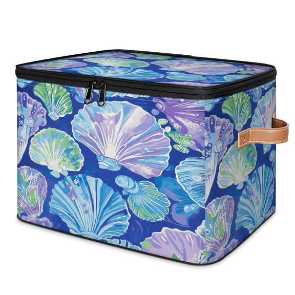 ADECORIVY Colorful Seashells Blue Storage Bin with Zipper Lid, Fabric Foldable Shelf Baskets Boxes, Closet Lidded Storage Bins, Decorative Clothes Organizer for Bedroom Home