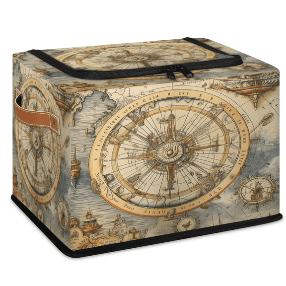 ADECORIVY Compass Fabric Storage Bin with Lid, Decorative Closet Shelf Organizers, Ocean Nautical Themed Foldable Basket Box Clothes Storage Bin with Handles