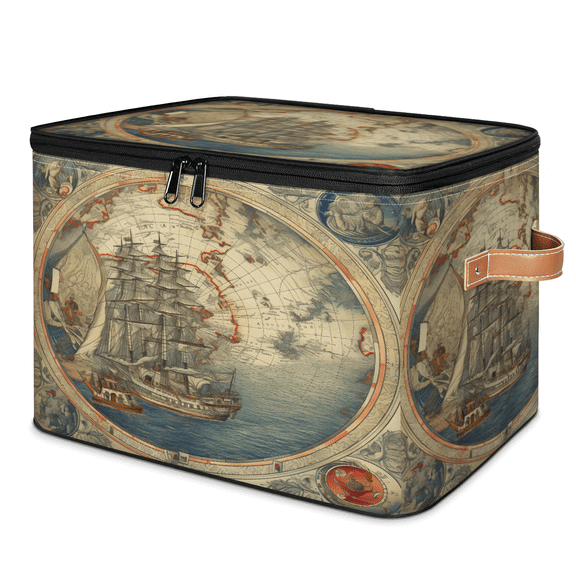 ADECORIVY Compass Nautical Ships Storage Bin with Zipper Lid, Fabric Foldable Shelf Baskets Boxes, Closet Lidded Storage Bins, Decorative Clothes Organizer for Bedroom Home