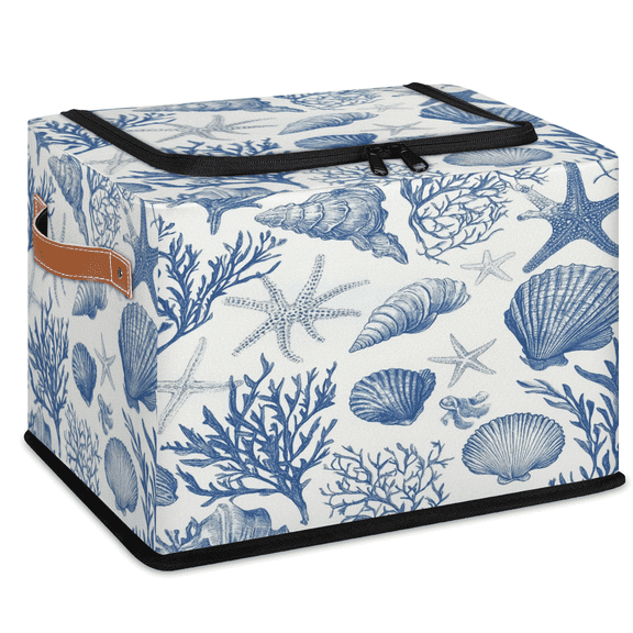 ADECORIVY Conch Seashell Fabric Storage Bin with Lid, Decorative Closet Shelf Organizers, Blue Starfish Foldable Basket Box Clothes Storage Bin with Handles