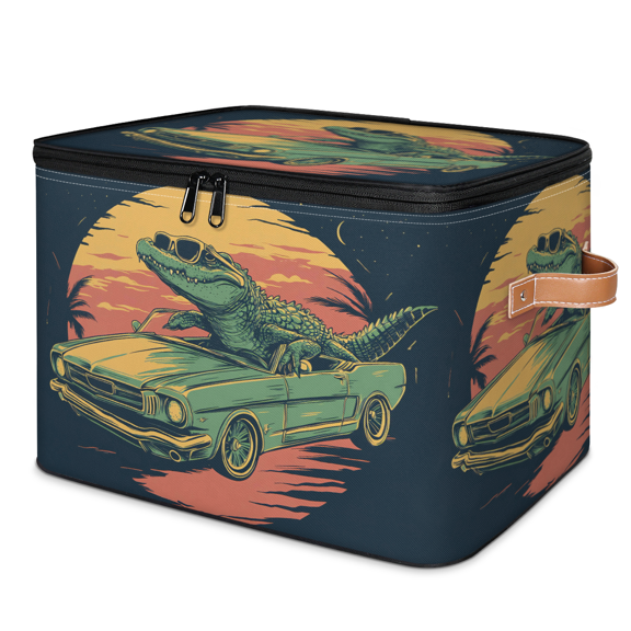 ADECORIVY Cool Alligator Sunglasses Storage Bin with Lid Fabric Car Sunset Foldable Storage Baskets Boxes for Clothes Shelves Closet Organizer Containers with Leather Handles for Wardrobe