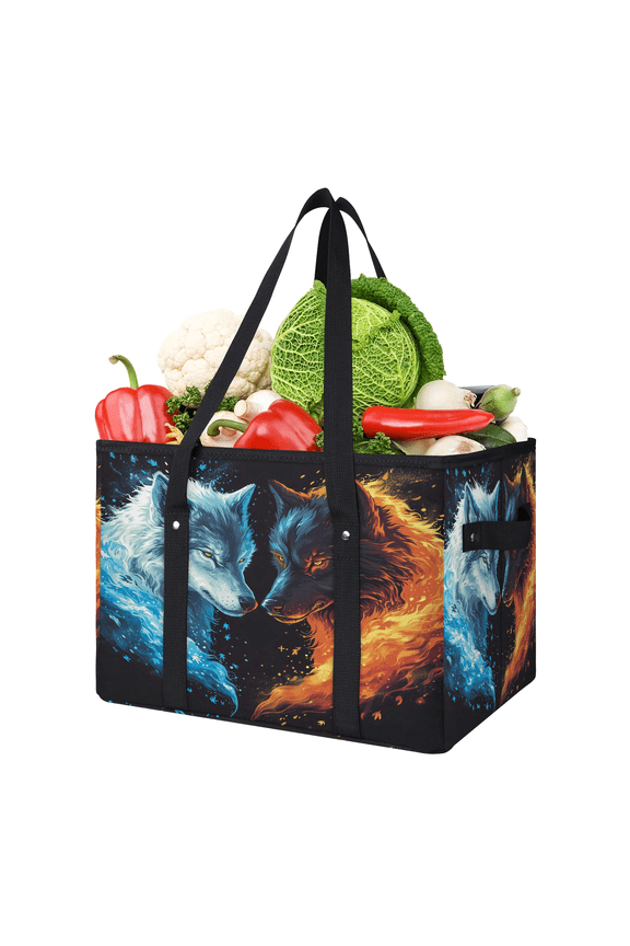 Cool Ice Fire Wolves Reusable Grocery Bags, Foldable Shopping Bags for Groceries with Handles, Large Grocery Tote for Kitchen, Market, Car Trunk, Picnic