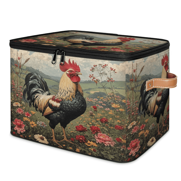 ADECORIVY Country Rooster Storage Bin with Zipper Lid, Fabric Foldable Shelf Baskets Boxes, Closet Lidded Storage Bins, Decorative Clothes Organizer for Bedroom Home