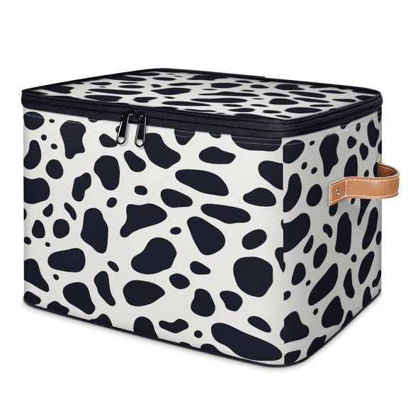 ADECORIVY Cow Skin Storage Bin with Lid Fabric Animal Print Foldable Storage Baskets Boxes for Clothes Shelves Closet Organizer Containers with Leather Handles for Wardrobe