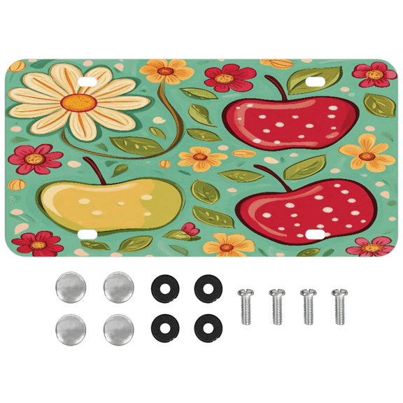 ADECORIVY Cute Apples Front License Plate, Flowers Novelty Vanity Tag Aluminum License Plate with 4 Holes, Metal Car Accessory for Men Women, 6 x 12 Inch