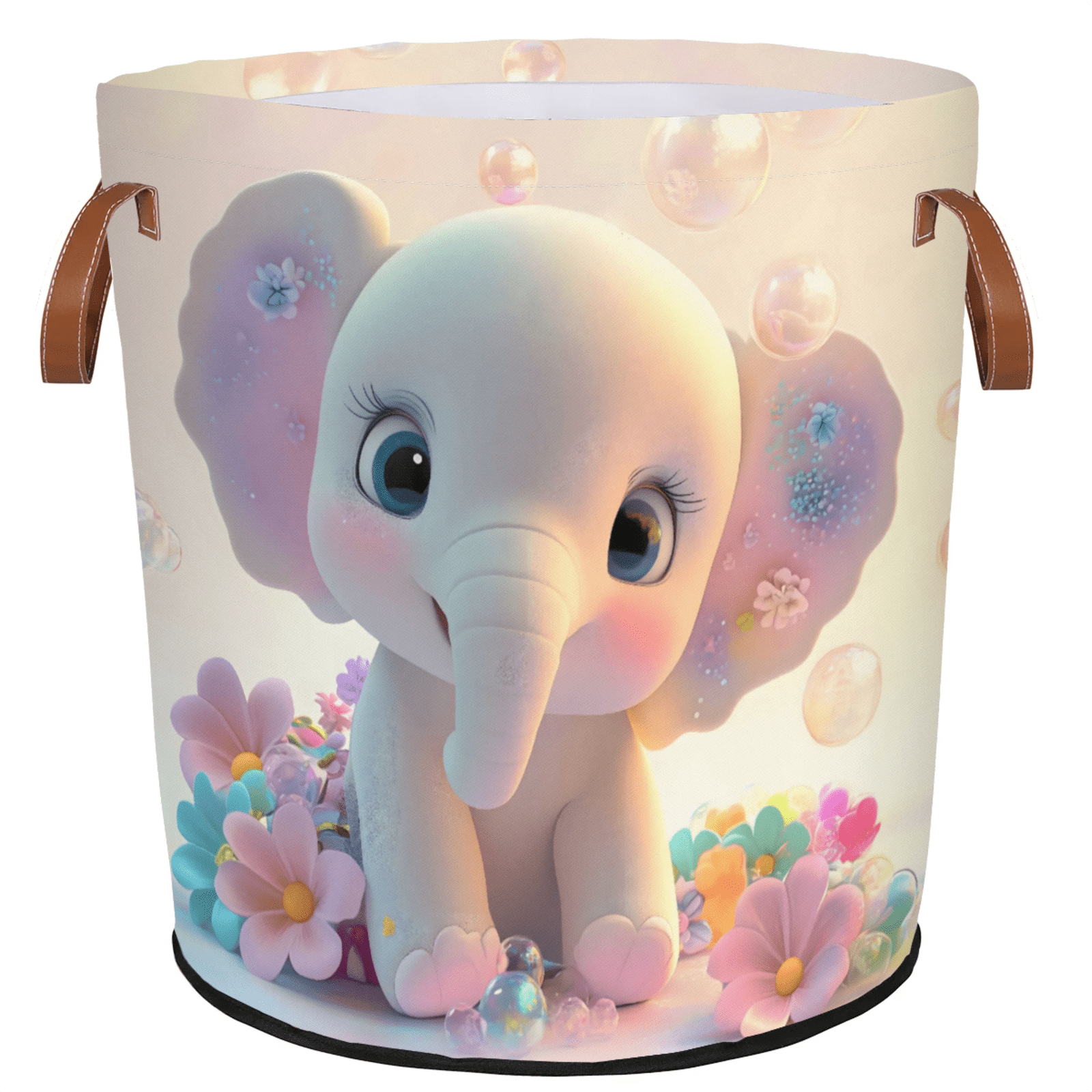 ADECORIVY Cute Baby Elephant Laundry Basket Flowers Waterproof Collapsible Hamper With Handles Oxford Cloth Dirty Clothes Tote for Bathroom, Bedroom, Living Room