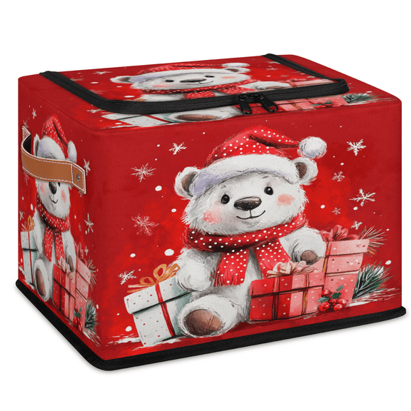 ADECORIVY Cute Bear Fabric Storage Bin with Lid, Decorative Closet Shelf Organizers, Christmas Red Hat Foldable Basket Box Clothes Storage Bin with Handles