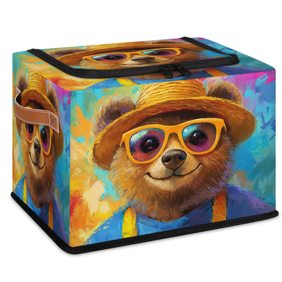 ADECORIVY Cute Bear Fabric Storage Bin with Lid, Decorative Closet Shelf Organizers, Watercolor Animal Foldable Basket Box Clothes Storage Bin with Handles