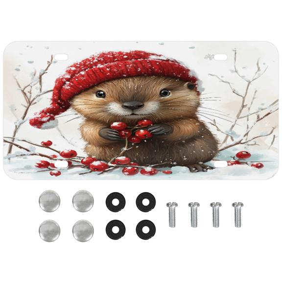 ADECORIVY Cute Beaver Front License Plate, Winter Christmas Novelty Vanity Tag Aluminum License Plate with 4 Holes, Metal Car Accessory for Men Women, 6 x 12 Inch