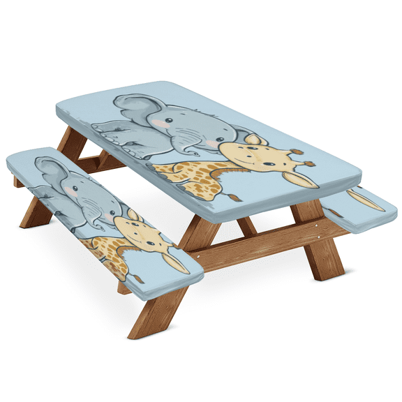 ADECORIVY Cute Cartoon Elephant Giraffe Picnic Table Cover with Bench Covers, Waterproof Camping Table Cover with Elastic Edges, Fitted Tablecloth Outdoor Essentials 72 Inch