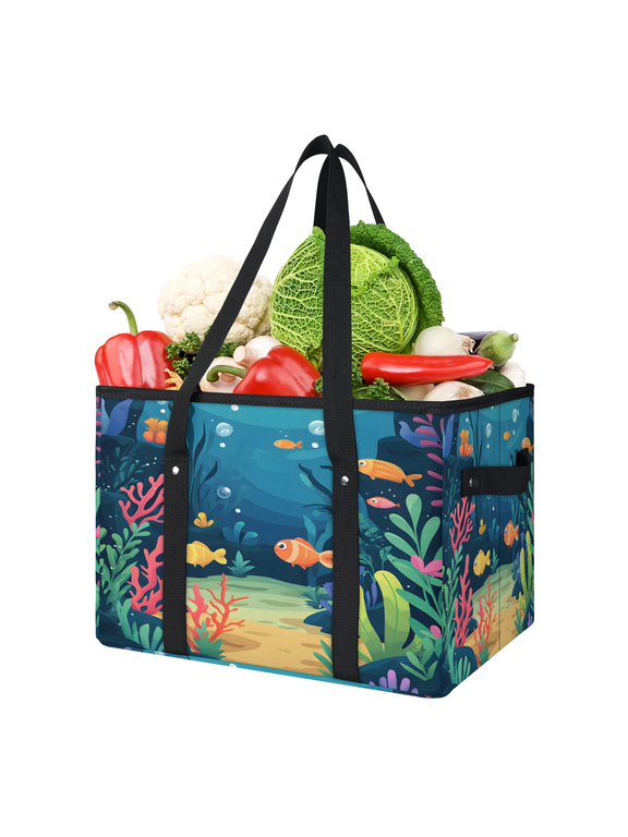 Cute Cartoon Fish Reusable Grocery Bags, Foldable Shopping Bags for Groceries with Handles, Large Grocery Tote for Kitchen, Market, Car, Trunk, Picnic