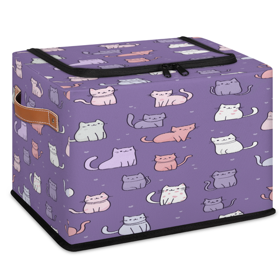 ADECORIVY Cute Cat Fabric Storage Bin with Lid, Decorative Closet Shelf Organizers, Kittens Purple Foldable Basket Box Clothes Storage Bin with Handles