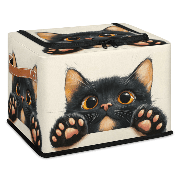 ADECORIVY Cute Cat Fabric Storage Bin with Lid, Decorative Closet Shelf Organizers, Black kitten Foldable Basket Box Clothes Storage Bin with Handles