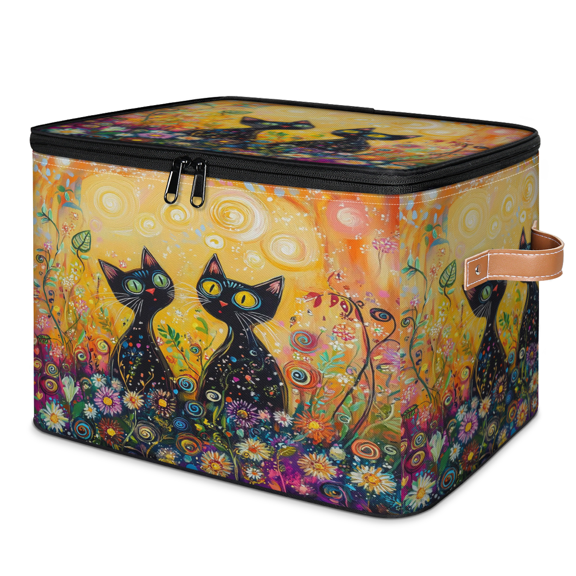 ADECORIVY Cute Cat Storage Bin with Lid Fabric Funny Black Cats Boho Floral Foldable Storage Baskets Boxes for Clothes Shelves Closet Organizer Containers with Leather Handles for Wardrobe