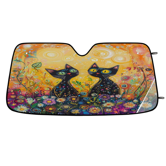 ADECORIVY Cute Cat Windshield Sun Shade Car Sunshade for Front Window Funny Black Cats Boho Floral Foldable Sun Shield Protector Blocks UV Rays for Car Truck SUV 55 x 27 in