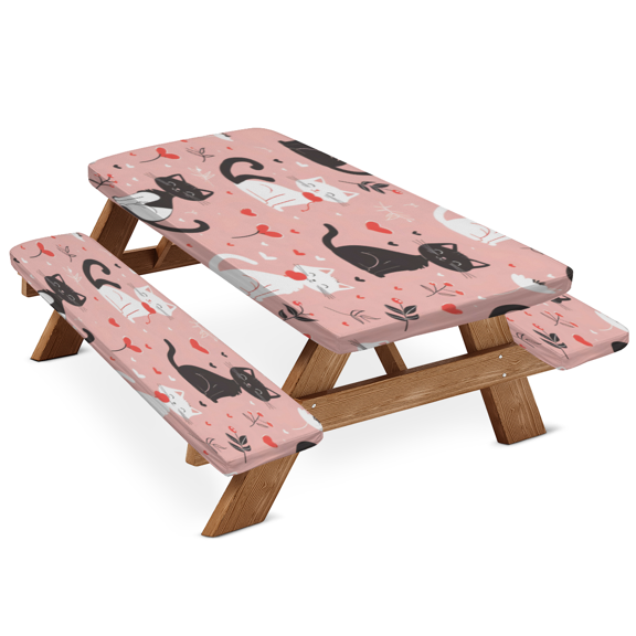 ADECORIVY Cute Cats Hearts Picnic Table Cover with Bench Covers, Waterproof Camping Table Cover with Elastic Edges, Fitted Tablecloth Outdoor Essentials 72 Inch