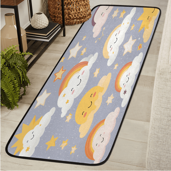 ADECORIVY Cute Clouds Stars Sun Washable Runner Rug for Hallway 2x6 Kitchen Runner with Non Slip Backing Soft Low-Pile Floor Carpet for Entrance Living Room Bedroom