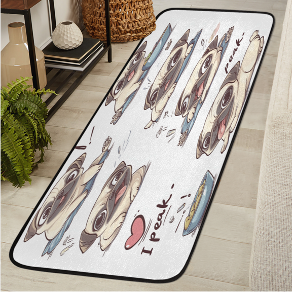 ADECORIVY Cute Dogs Washable 2x6 Kitchen Runner Rug Hallway Runner Rug Non-Slip Floor Mat Pug Carpet for Entryway Entrance Living Room Bedroom