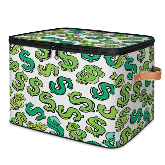ADECORIVY Cute Dollar Sign Storage Bin with Zipper Lid, Fabric Storage Baskets Boxes with Handles, Decorative Clothes Organizer Containers for Shelves, Wardrobe, Closet