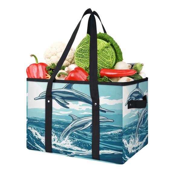 ADECORIVY Cute Dolphin Reusable Grocery Bags, Foldable Reusable Shopping Bags, Sea Waves Collapsible Tote Bag with Reinforced Handles for Kitchen, Picnic