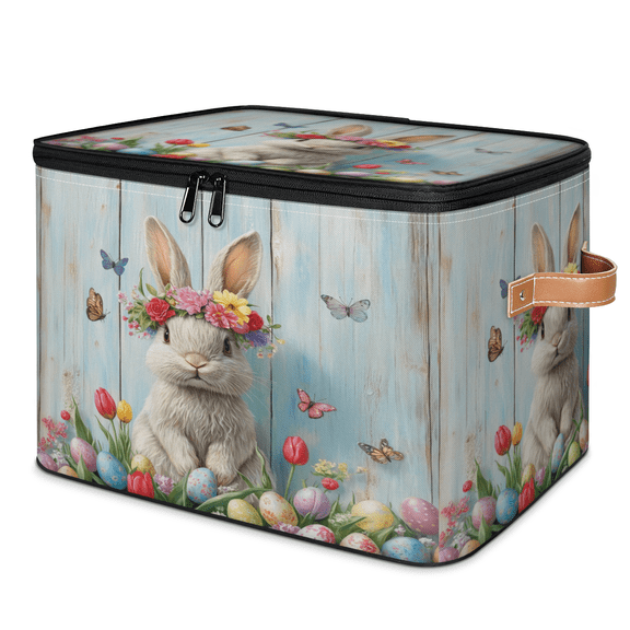 ADECORIVY Cute Easter Bunny Storage Bin with Zipper Lid, Fabric Storage Baskets Boxes with Handles, Decorative Clothes Organizer Containers for Shelves, Wardrobe, Closet