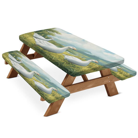 ADECORIVY Cute Goose Picnic Table Cover with Bench Covers, Waterproof Camping Table Cover with Elastic Edges, Fitted Tablecloth Outdoor Essentials 72 Inch