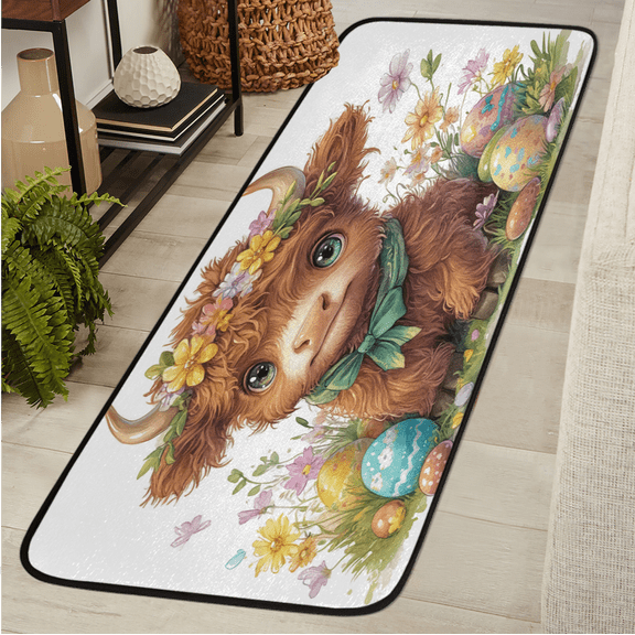 ADECORIVY Cute Highland Cow Washable 2x6 Kitchen Runner Rug Hallway Runner Rug Non-Slip Floor Mat Easter Carpet for Entryway Entrance Living Room Bedroom