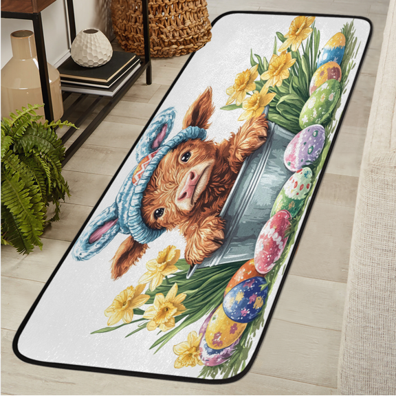 ADECORIVY Cute Highland Cow Washable 2x6 Kitchen Runner Rug Hallway Runner Rug Non-Slip Floor Mat Easter Eggs Carpet for Entryway Entrance Living Room Bedroom