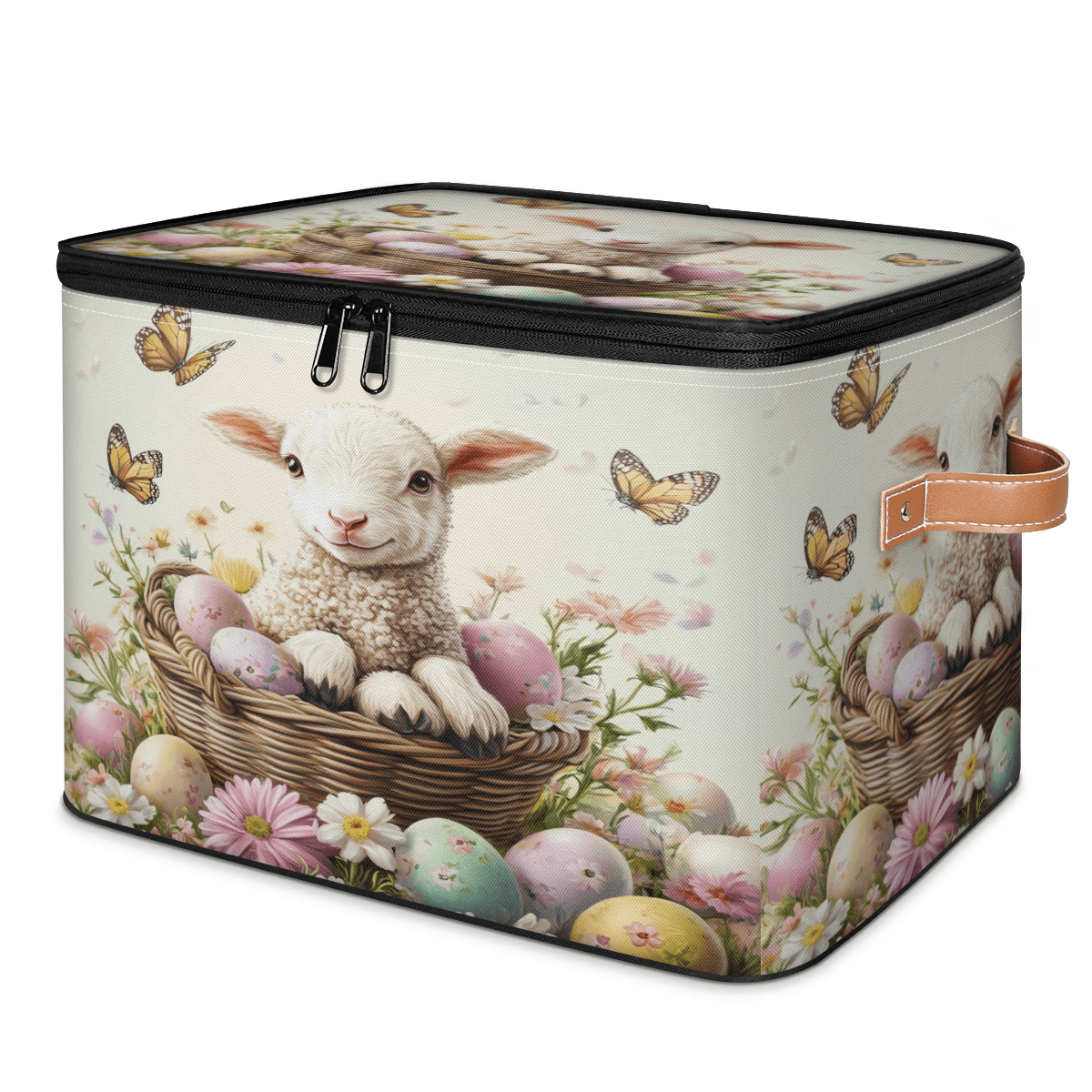 ADECORIVY Cute Lamb Flower Storage Bin with Lid Fabric Easter Foldable Storage Baskets Boxes for Clothes Shelves Closet Organizer Containers with Leather Handles for Wardrobe