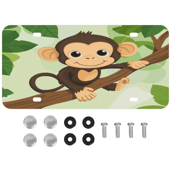 ADECORIVY Cute Monkey Tree License Plate, Aluminum Decorative Novelty Vanity Tag with 4 Holes, Front Plate for Men Women Car Tag Accessories, 6 x 12 inch