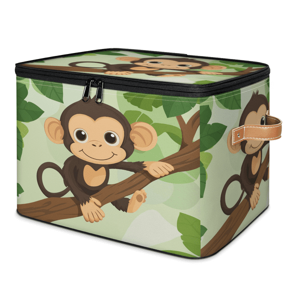 ADECORIVY Cute Monkey Tree Storage Bin with Zipper Lid, Fabric Storage Baskets Boxes with Handles, Decorative Clothes Organizer Containers for Shelves, Wardrobe, Closet