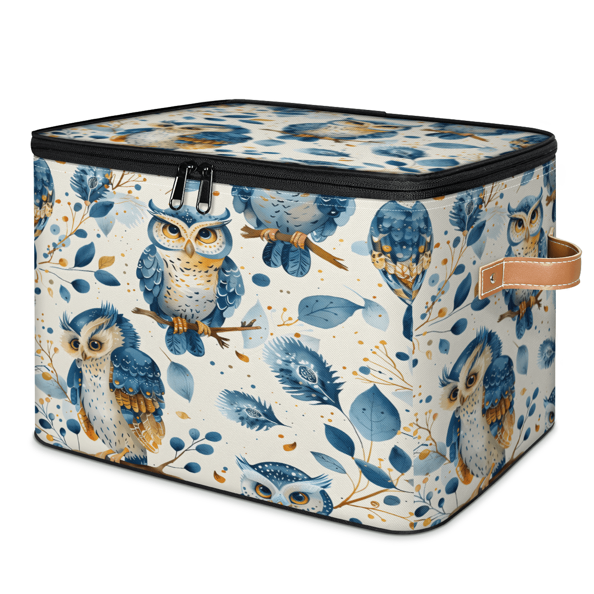ADECORIVY Cute Owl Storage Bin with Lid Fabric Leaves Blue Foldable Storage Baskets Boxes for Clothes Shelves Closet Organizer Containers with Leather Handles for Wardrobe