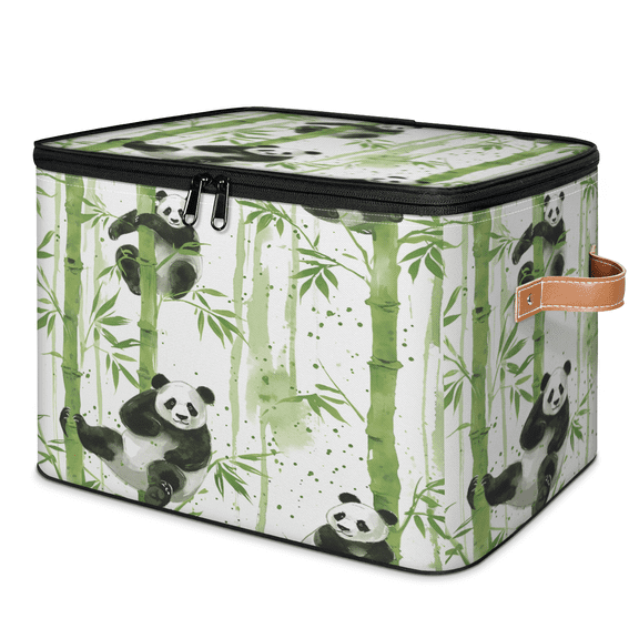 ADECORIVY Cute Panda Bamboos Storage Bin with Zipper Lid, Fabric Storage Baskets Boxes with Handles, Decorative Clothes Organizer Containers for Shelves, Wardrobe, Closet