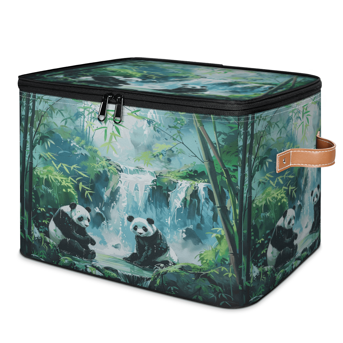 ADECORIVY Cute Panda Storage Bin with Lid Fabric Forest Bamboos Leaves Foldable Storage Baskets Boxes for Clothes Shelves Closet Organizer Containers with Leather Handles for Wardrobe