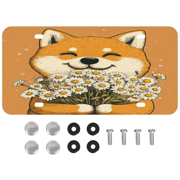 ADECORIVY Daisy Dog Front License Plate, Flowers Corgis Novelty Vanity Tag Aluminum License Plate with 4 Holes, Metal Car Accessory for Men Women, 6 x 12 Inch