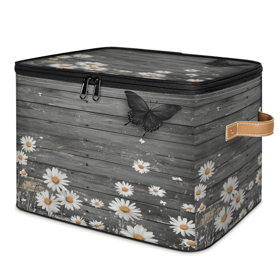 ADECORIVY Daisy Floral Storage Bin with Lid Fabric Grey Wooden Foldable Storage Baskets Boxes for Clothes Shelves Closet Organizer Containers with Leather Handles for Wardrobe